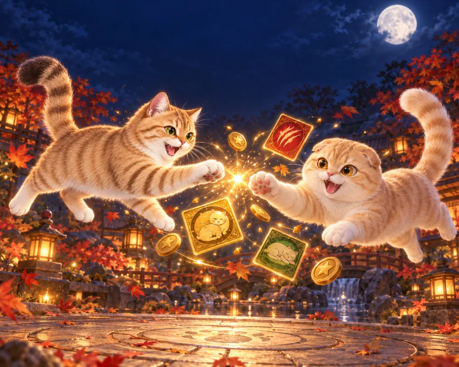 Busya and Simba leap at each other over glowing cards at the night market