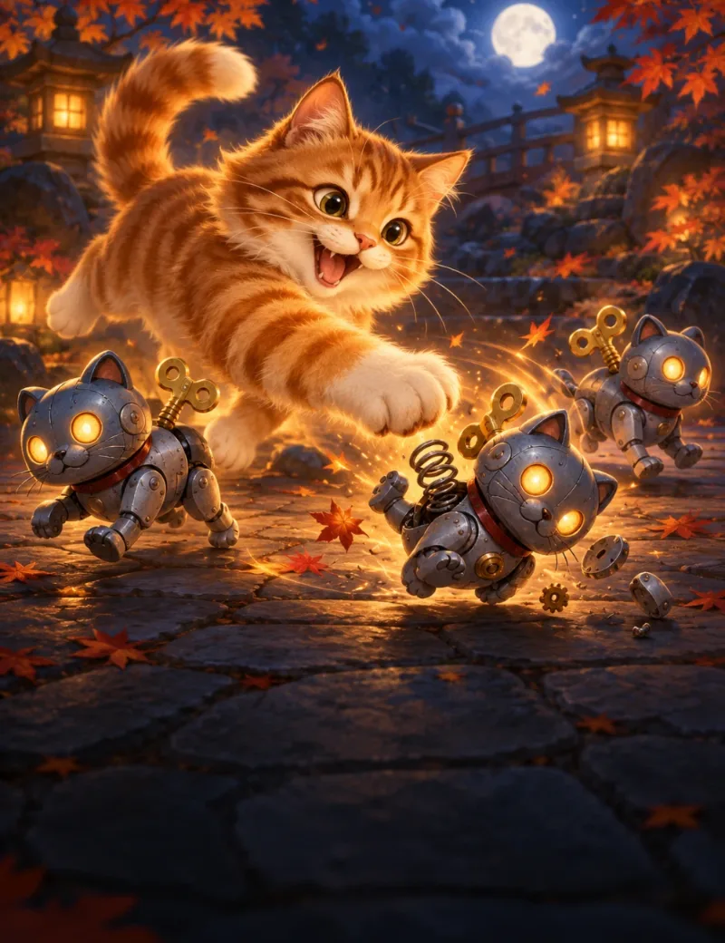 A ginger cat swipes at wind-up robot cats